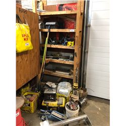 CONTENTS OF CORNER INCLUDING: BATTERIES, TOOLBOX, FLOOR JACK, ASSORTED FUEL FILTERS & MORE