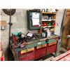 Image 1 : HEAVY DUTY WORK BENCH WITH CONTENTS OF TOP & WALL INCLUDING: OREGON MOUNTED CUT-OFF SAW