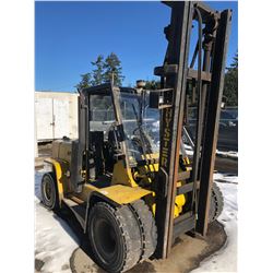 HYSTER 2 STAGE 15,000 LB CAPACITY DIESEL FORKLIFT WITH SIDE SHIFT, 3980 HOURS, FORK RACK OFF, NEED