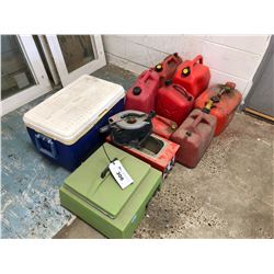 ASSORTED GAS CANS, COOLER, CIRCULAR SAW & MORE