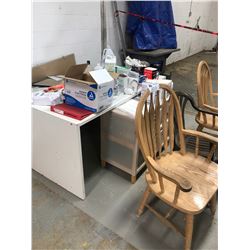 LOT OF FIRST AID SUPPLIES, THREE CHAIRS, DESK AND MORE