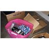 Image 1 : PINK FABRIC CUBE W/ BBQ COVER, 9 TIN DECORATIVE FLOWER POTS, AND VIDAL SASSOON HAIR DRIER