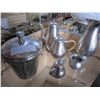 Image 2 : INDONESIAN HAMMERED METAL TEAPOTS, PITCHER, NAPKIN RINGS, AND LIDDED CONTAINER