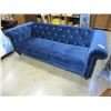 Image 2 : ASHLEY SIGNATURE BLUE VELVET  COUCH WITH TUFTED BACK AND NAIL HEAD ACCENTS, RETAIL $1999