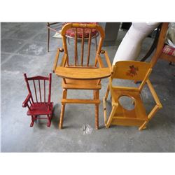 CHILDRENS WOODEN HIGH CHAIR AND SMALL ROCKER AND WOODEN POTTY SEAT