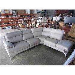 NEW GENUINE GREY STITCHED LEATHER 3 PIECE MODERN SECTIONAL SOFA, RETAIL $4198