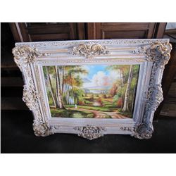 47" X 50" LARGE WHITE GUILDED FRAME COUNTRY SCENE PRINT