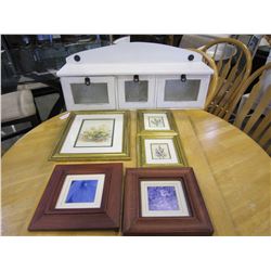 WOODEN WALL SHELF AND 3 SMALL GOLD FRAMED FLORIAL PICS AND2 WOOD FRAMED FLORAL