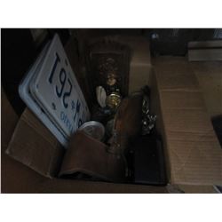 BOX LOT OF ESTATE GOODS, SOME VINTAGE WITH ONTARIO LICENSE PLATES