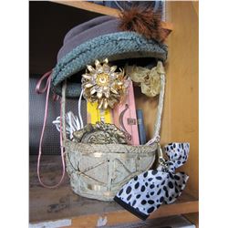 VINTAGE COLLECTION IN BASKET PENDANT LAMP, VINTAGE HATS, AND VANITY SET