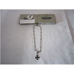 2 VINTAGE PICCADILLY CIGARETTE TINS W/ STERLING SILVER NECKLACE W/ CROSS PENDANT, AND WW2 JAPANESE M