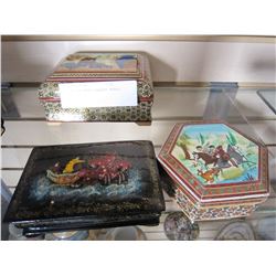 3 HAND PAINTED LAQUER BOXES