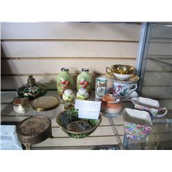 LOT OF CHINA CUPS AND SAUCERS, NOTRITAKE SUGAR BOWL, AND VARIOUS VASES AND 3 LIDDED CONTAINERS AND B