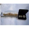 Image 1 : RHINESTONE BROACH, EARRINGS, AND GOLD TONE NECKLACE
