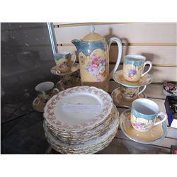 CHINA TEA POT, CUPS AND SAUCERS, AND LIMOGE PLATES