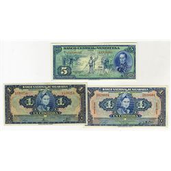 Banco Nacional de Nicaragua & Banco Central de Venezuela, 1941-1966, Trio of Issued Notes.
