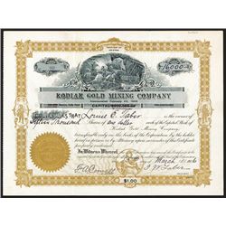 Kodiak Gold Mining Co., 1906 Alaska Gold Mine Stock Certificate.