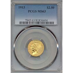 1913 $2.5 Indian Head Quarter Eagle Gold Coin PCGS MS63