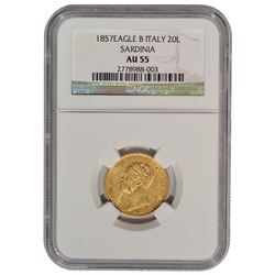 1857 Eagle B Italy 20 Lire Gold Coin NGC AU55