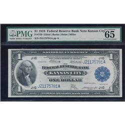 1918 $1 Kansas City Federal Reserve Bank Note PMG 65