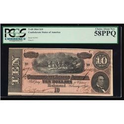 1864 $10 Confederate States of America Note PCGS 58PPQ