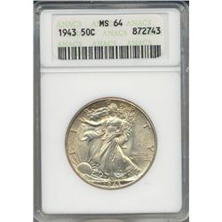 1943 Walking Liberty Half Dollar Coin ANACS MS64