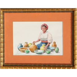 C. Blanco, Woman and Pots, Watercolor Painting