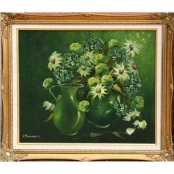 Esther Scandale, Flower Still Life in Green, Oil Painting
