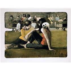 Daniel B. Schwartz, Two Girls in the Park with Cat, Lithograph