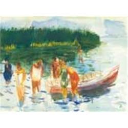 Aurél Bernáth (1895-1982) - Bathing at the strand of Ábrahámhegy around a boat