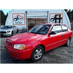 A4 --  2002 HYUNDAI ACCENT , Red , 225987  KM's  "No Reserve - Selling to the Highest Bidder"