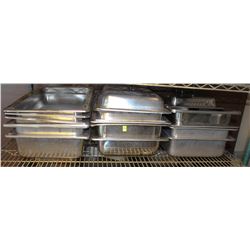 SHELF OF ASSORTED STAINLESS STEEL INSERTS & LIDS