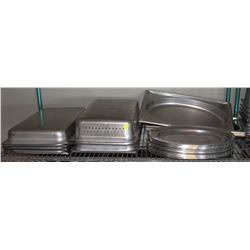 SHELF OF ASSORTED STAINLESS STEEL PANS AND TRAYS