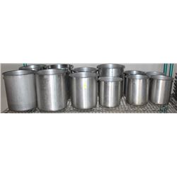 SHELF OF ASSORTED STAINLESS STEEL ICE BINS