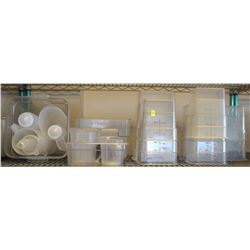 SHELF OF ASSORTED SIZE DRY INGREDIENT STORAGE BINS