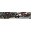 Image 1 : SHELF OF ASSORTED CAST IRON PANS, WOKS, KETTLES