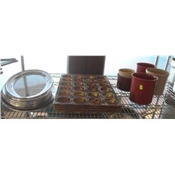SHELF OF ASSORTED S/S TRAYS, MUFFIN PANS