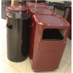 LOT OF 5 GARBAGE BINS 4 BURGUNDY & 1 BLACK