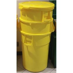 LOT OF 3 YELLOW RUBBERMAID GARBAGE BINS & 2 LIDS