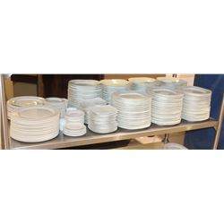 SHELF OF ASSORTED GLASSWARE PLATES