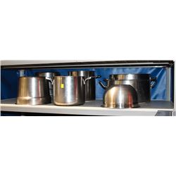 SHELF OF ASSORTED STAINLESS STEEL POTS & INSERTS