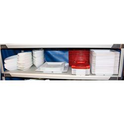 SHELF OF ASSORTED GLASS DISHES & MELAMINE PLATES