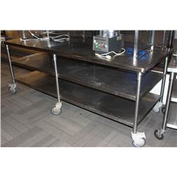 7.5 FOOT 3 TIER STAINLESS STEEL TABLES ON WHEELS