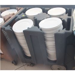 BLACK 4 COLUMN DISH CADDY W/ 4 STACKS OF ASSORTED