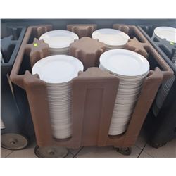 BROWN 4 COLUMN DISH CADDY W/ 4 STACKS OF ASSORTED