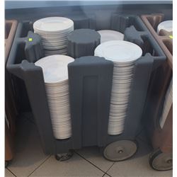 BLACK 4 COLUMN DISH CADDY W/ 4 STACKS OF ASSORTED