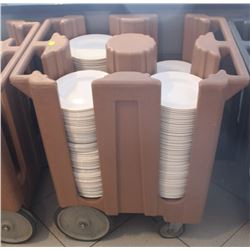 BROWN 4 COLUMN DISH CADDY W/ 4 STACKS OF ASSORTED