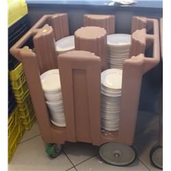 BROWN 4 COLUMN DISH CADDY W/ 4 STACKS OF ASSORTED