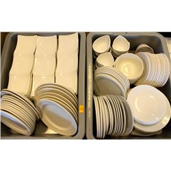 2 BUS TRAYS OF SQUARE DECORATIVE DISHWARE &