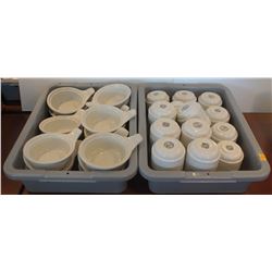 TWO BUS TRAYS OF CERAMICS, SOUP BOWLS AND DUDSON